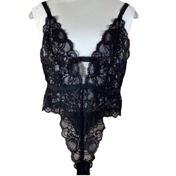 Victoria's Secret Other - Victoria’s Secret Plunge V-Neck Sheer Black Lace Teddy Body Suit Ladies Large